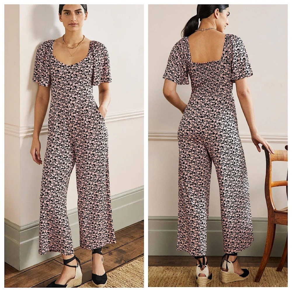 Boden Jersey Wide Leg Jumpsuit Womens Sz US 4R Pink Black Floral Smocked Back